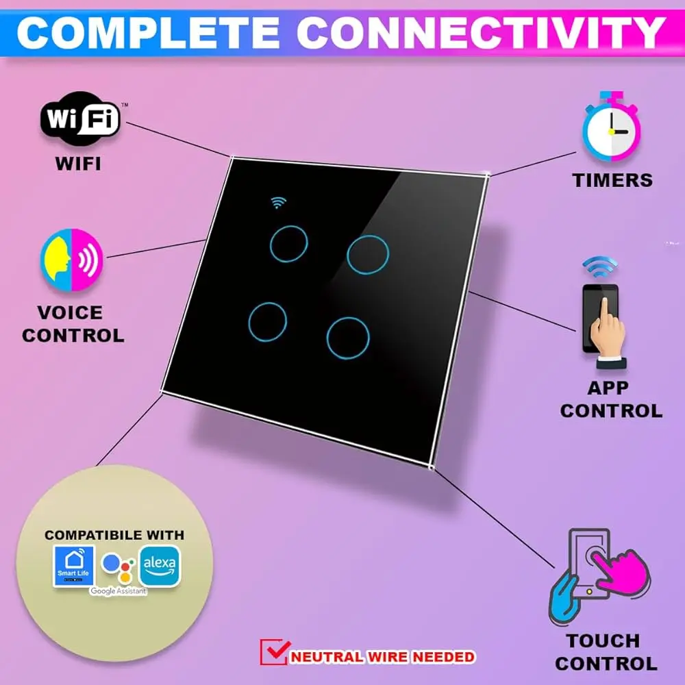 Smart WiFi Black Wall Touch Switch Retrofit for Anchor Roma Modular, 4 Gang WF540B10A Works with Alexa, Google, and IFTTT
