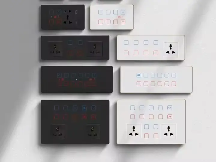 Smart Switch and Socket Combination Panel Tuya Smart WiFi Glass Touch Light+Curtains+Dimming+Fan Switch