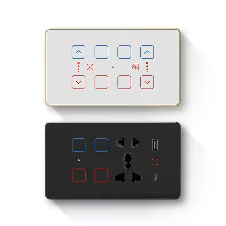 Switch and Socket Combination 150x86mm Indian Standard Wall Light Switch Zigbee 3.0 Glass Touch Fan Switch