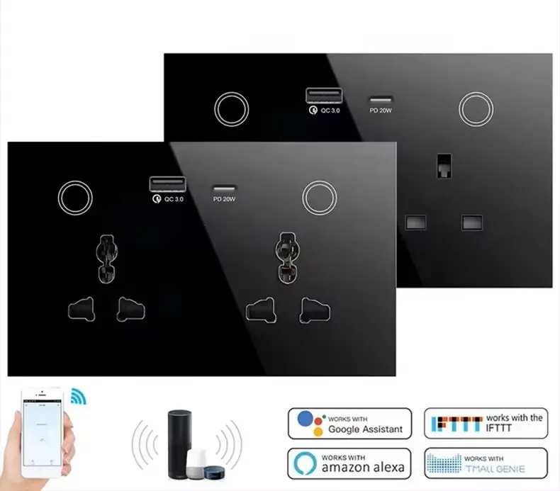 Tuya Smart Wifi Socket Plug Usb Type-c 13A Glass Panel Wall Socket Double Smart Power Universal Sockets 110V 220V