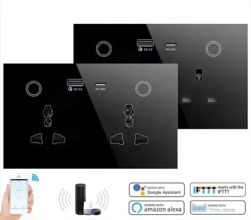 Tuya Smart Wifi Socket Plug Usb Type-c 13A Glass Panel Wall Socket Double Smart Power Universal Sockets 110V 220V